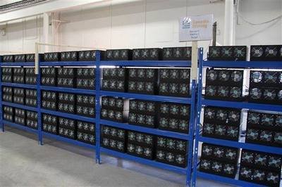 Rows and rows of mining rigs humming in a well-ventilated data center, the heart of a modern cryptocurrency mining farm.